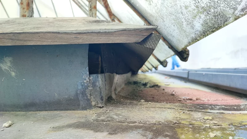 Détail de l'appui de la verrière et des raccords d'étanchéité sur la toiture.