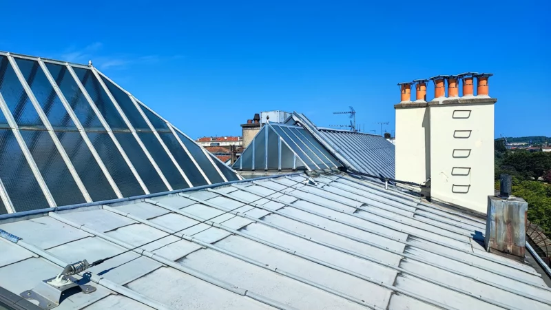 Couverture en zinc avec verrières et souches de cheminées sous un ciel bleu.